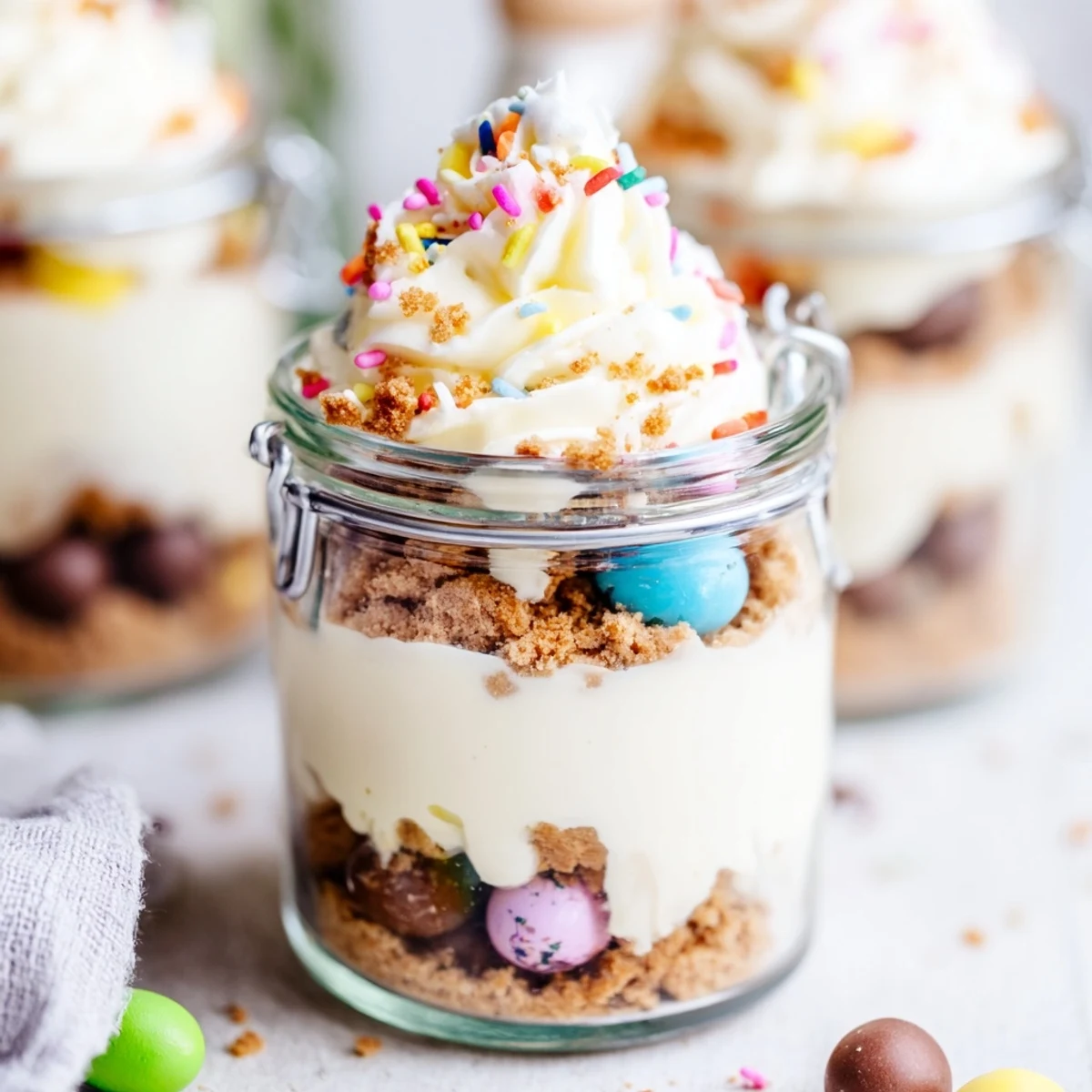 Individual Easter egg cheesecake jars topped with whipped cream sprinkles and pastel candy eggs