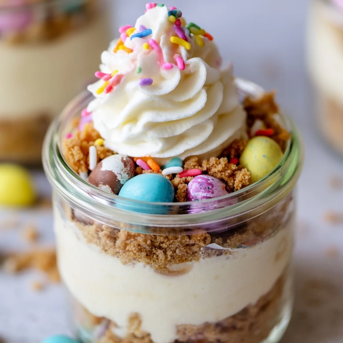 No bake Easter egg cheesecake jars showing golden crust and mini chocolate eggs layered throughout