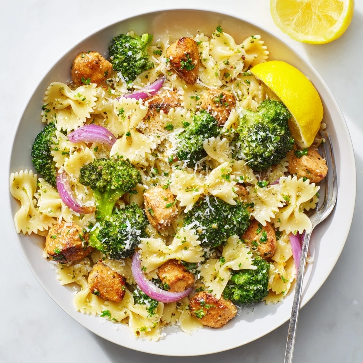 Bowtie pasta tossed with tender chicken in a rich lemon butter sauce with fresh herbs