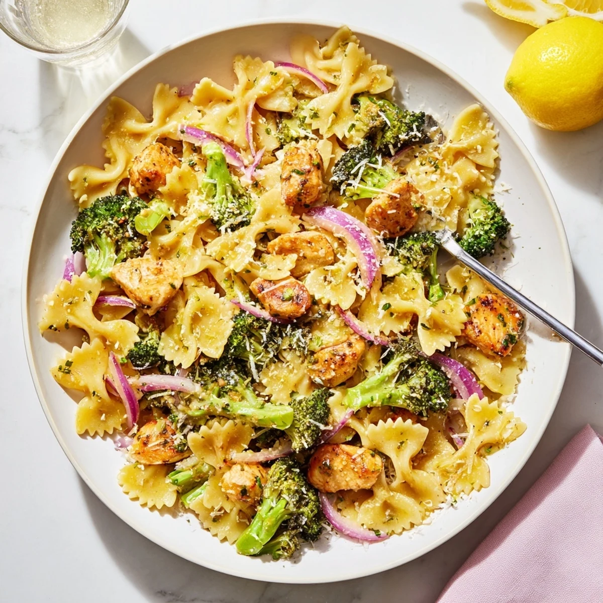 Creamy cowboy butter lemon pasta dish featuring succulent chicken and vibrant green broccoli florets