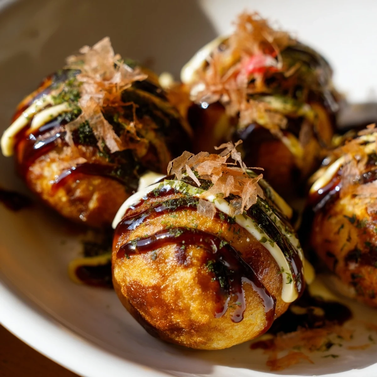 Golden brown Japanese Takoyaki balls drizzled with savory sauce and dancing bonito flakes