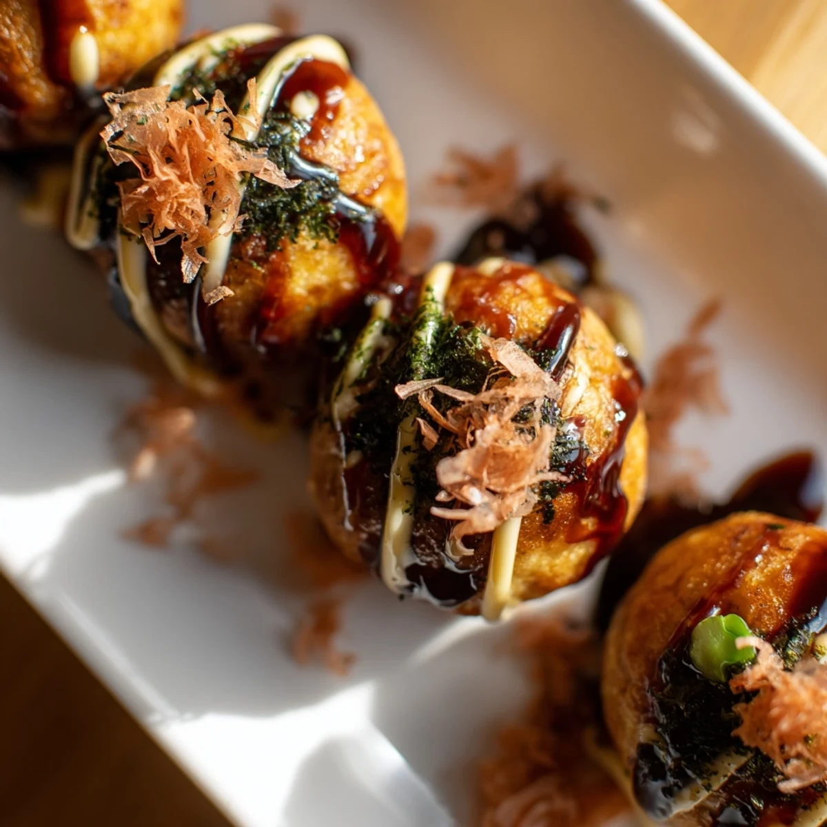 Crispy Takoyaki appetizer topped with tangy sauce and smoky dried fish flakes