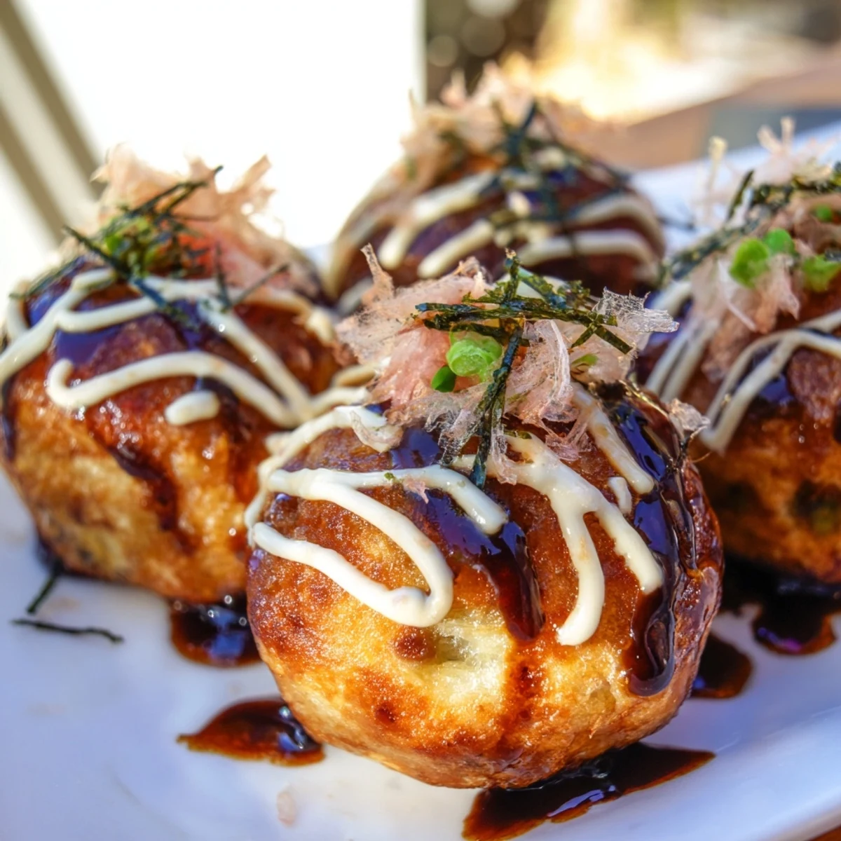 Savory octopus-filled Takoyaki sprinkled with seaweed and mayonnaise on a wooden serving board