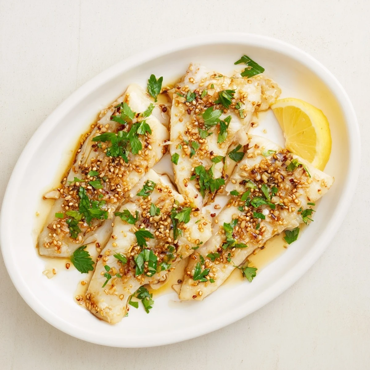 Golden baked cod fillets glazed with honey soy marinade and garnished with fresh parsley