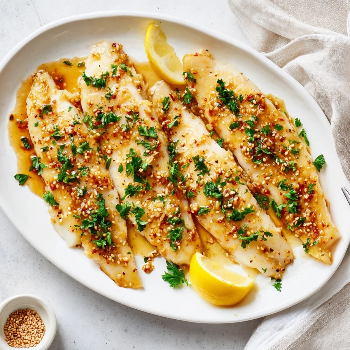 Tender baked cod with sweet honey soy sauce served on white plate with lemon