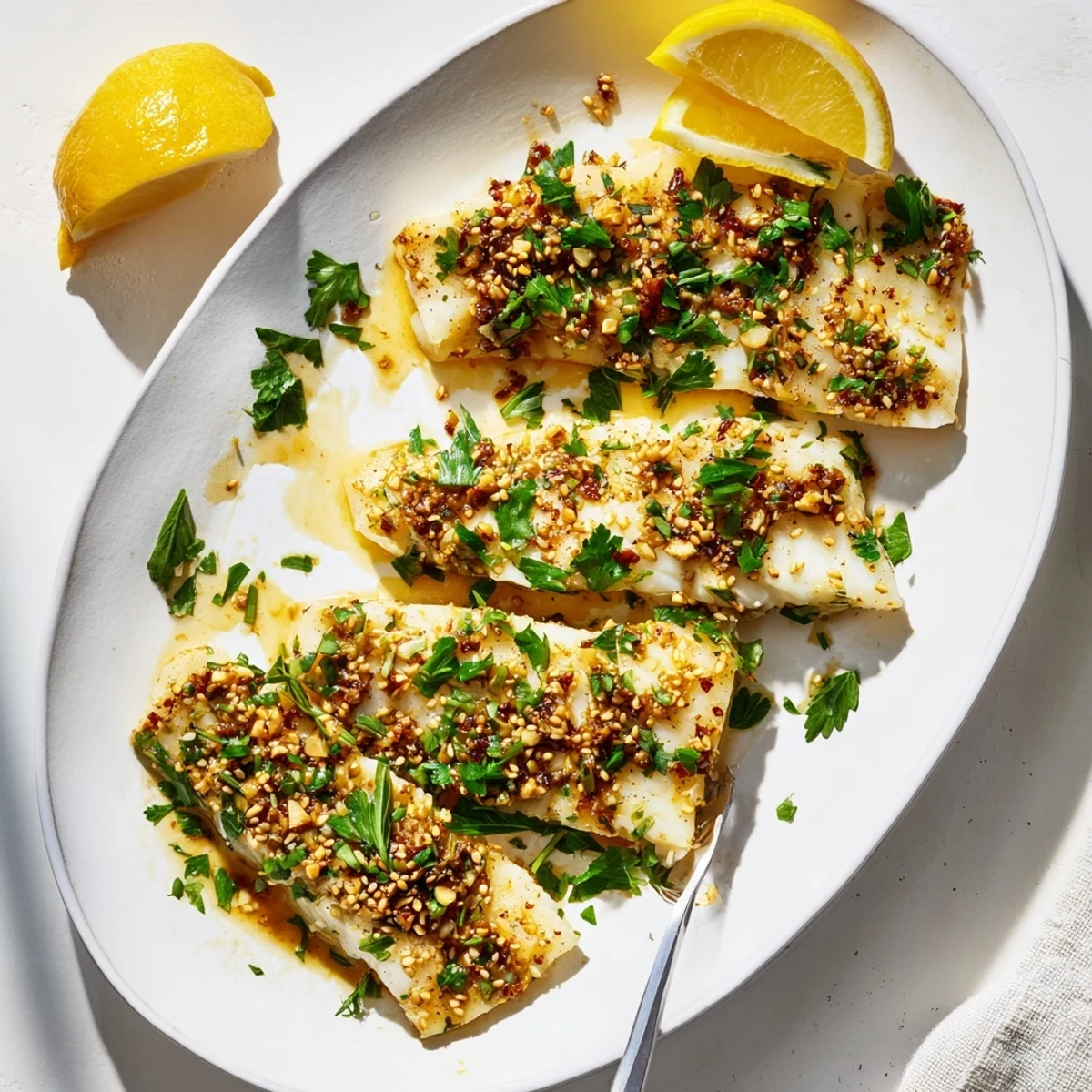 Flaky cod fillets baked in honey soy glaze topped with sesame seeds and herbs