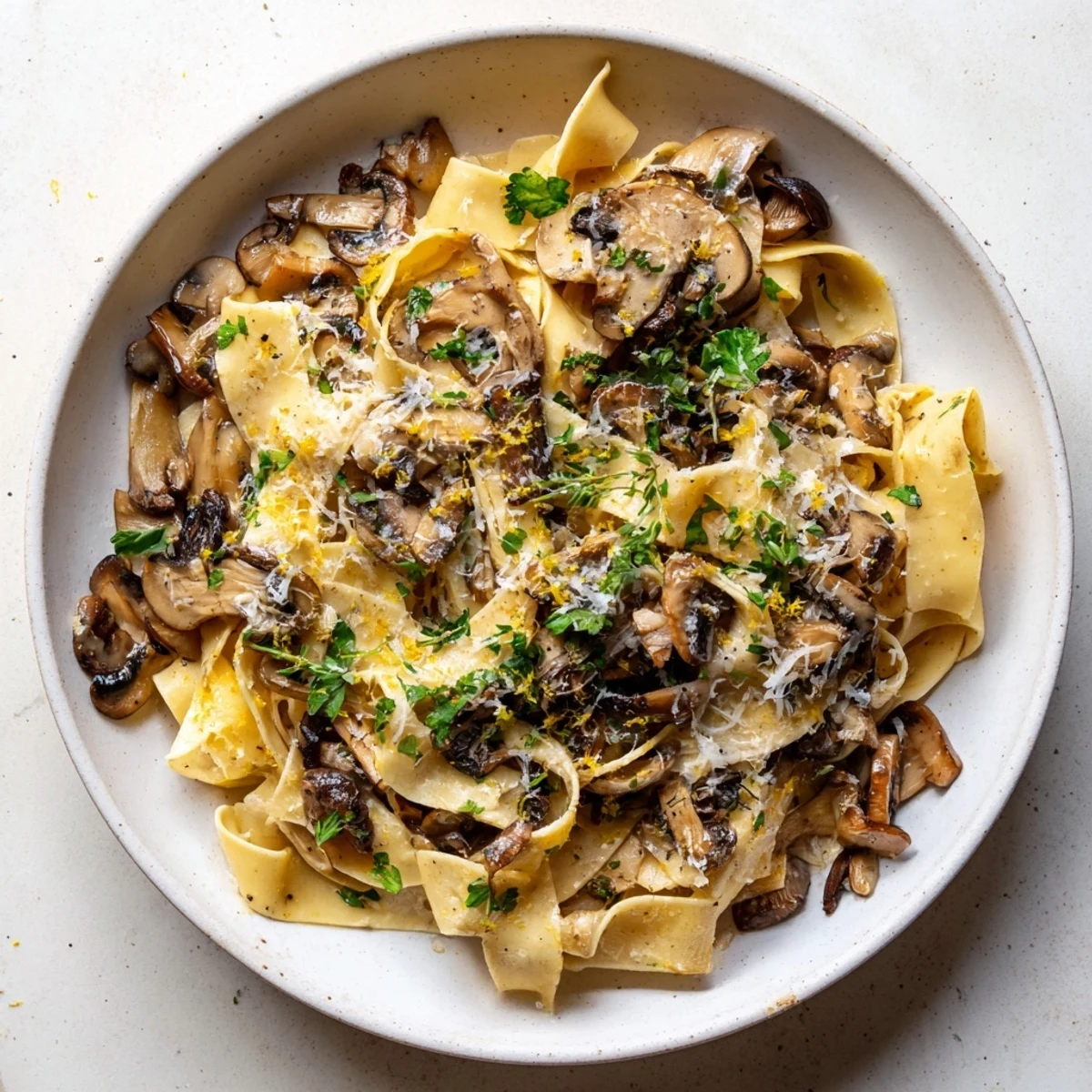 Golden mushroom garlic butter pappardelle pasta tossed with fresh herbs and parmesan cheese