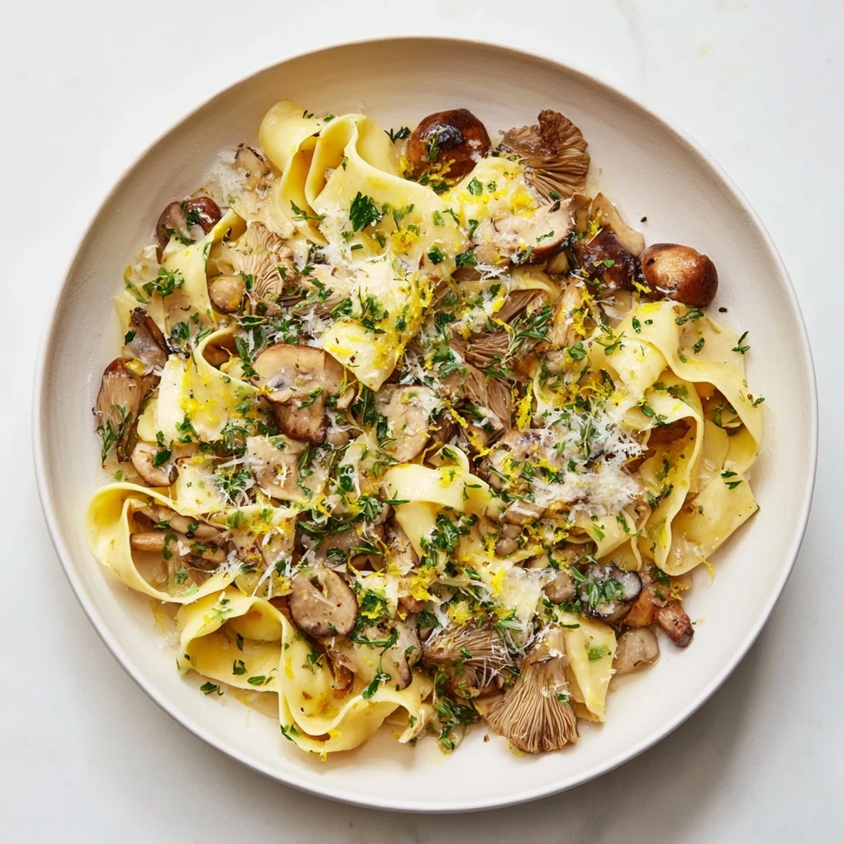 Wide ribbon pasta coated in rich buttery garlic mushroom sauce with lemon zest garnish