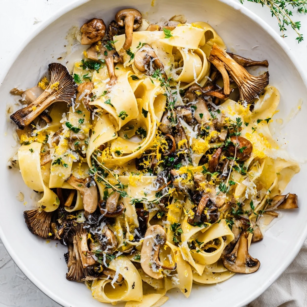Creamy garlic butter mushroom pappardelle dish served with grated parmesan and fresh parsley