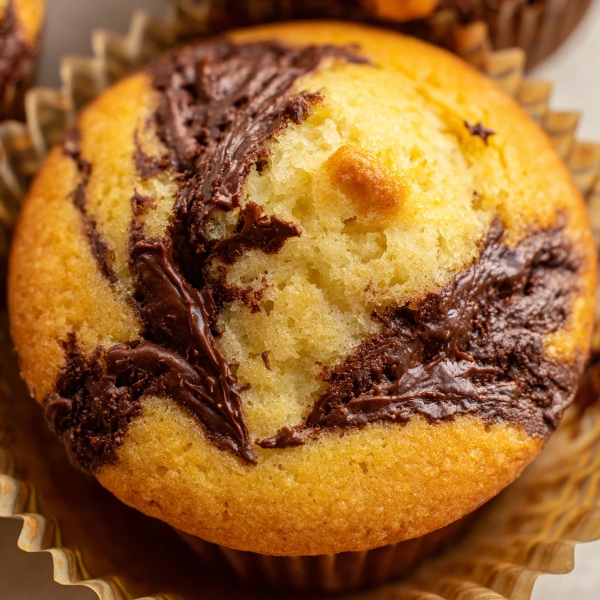 Freshly baked moist banana muffins topped with creamy Nutella swirls and paper liners