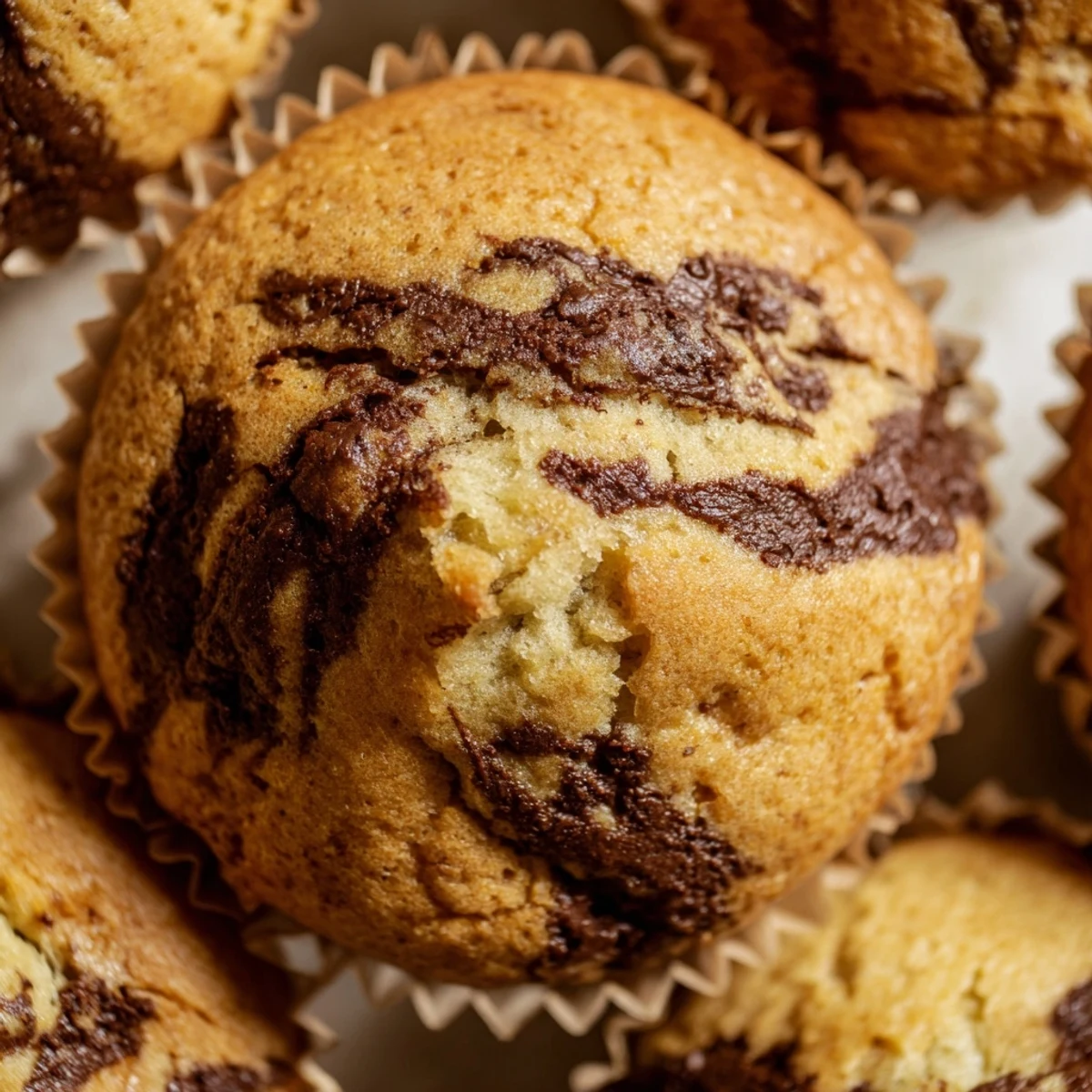 Fluffy homemade banana muffins featuring rich chocolate hazelnut swirls and golden brown tops