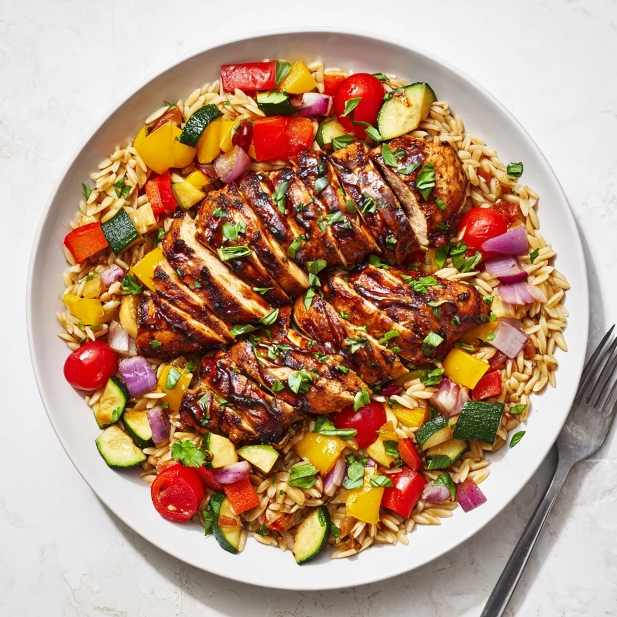 Golden balsamic chicken breast atop colorful roasted vegetables and fluffy orzo pasta with fresh green herbs
