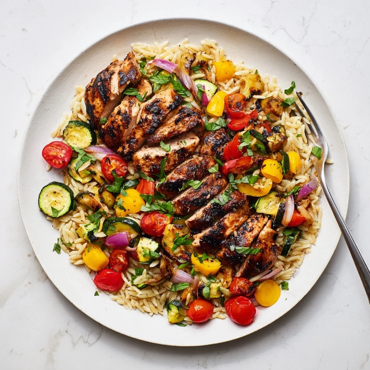 Tender marinated chicken resting on bed of herb seasoned orzo mixed with roasted bell peppers and zucchini
