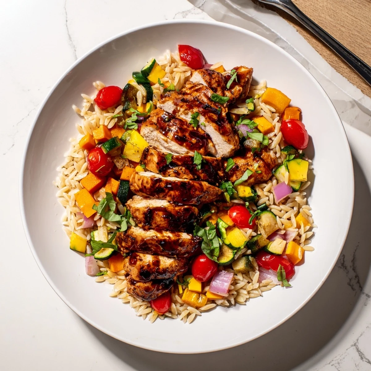 Savory glazed chicken served over Mediterranean style orzo with zucchini peppers and tomatoes for a complete dinner