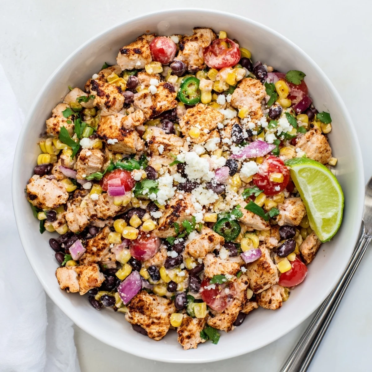 Fresh Mexican-inspired chicken street corn salad featuring charred corn kernels, juicy tomatoes, and tangy lime dressing overhead view