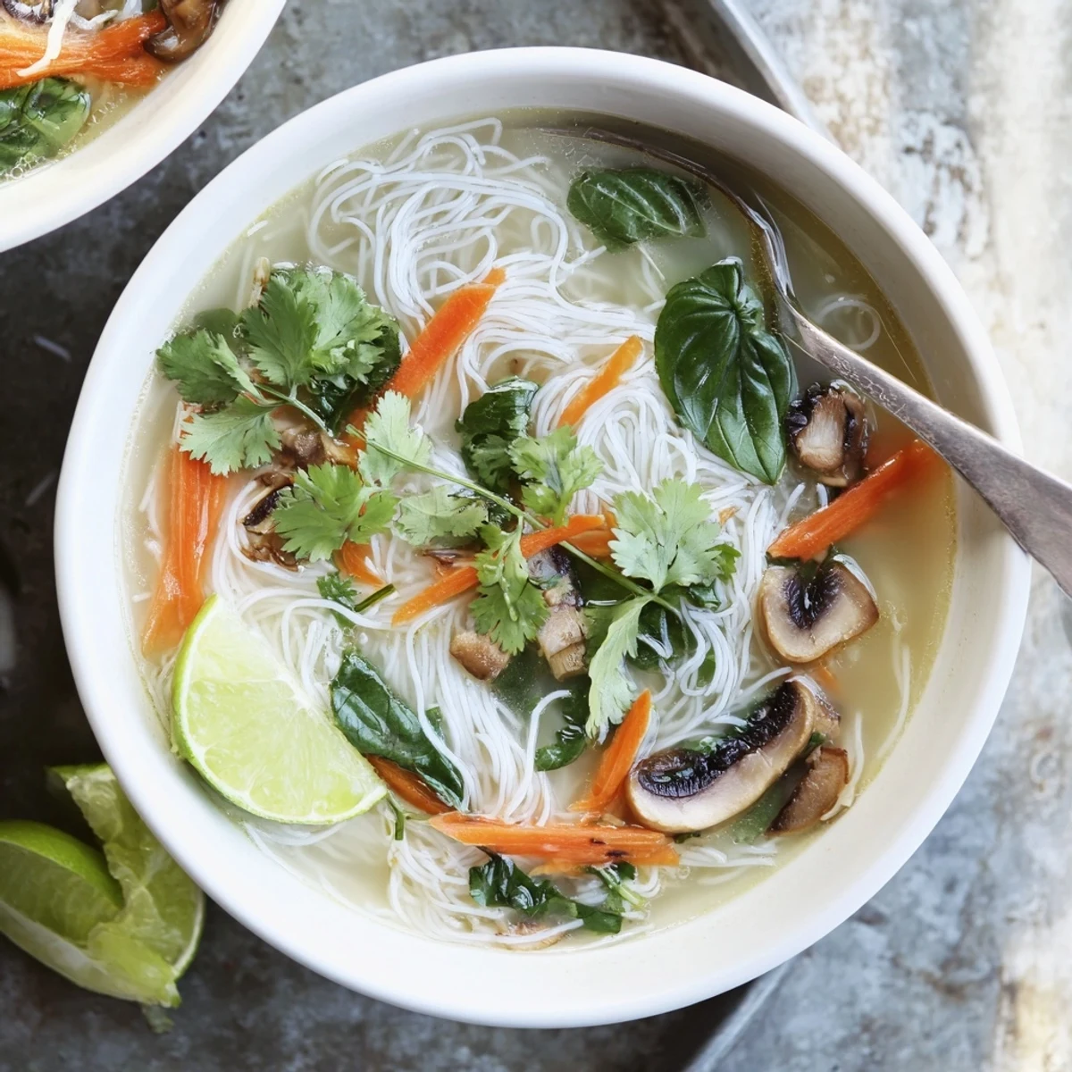 Steaming bowl of healing ginger garlic broth with rice noodles, fresh cilantro, and lime wedges