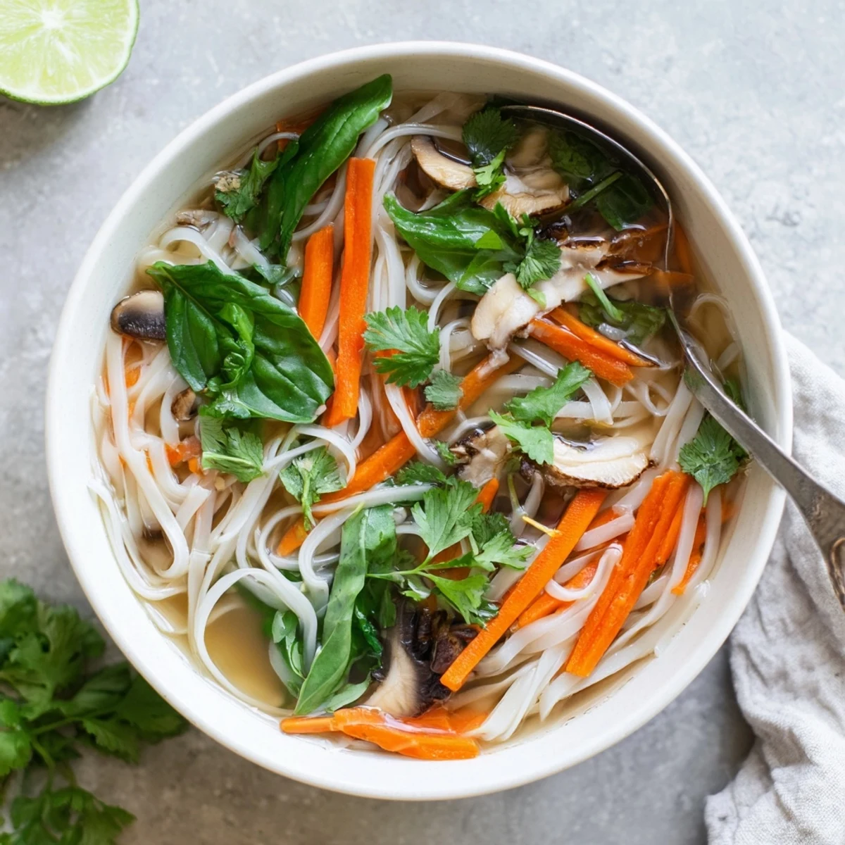 Comforting Asian-inspired noodle soup with ginger garlic broth, julienned carrots, and fresh herbs served hot