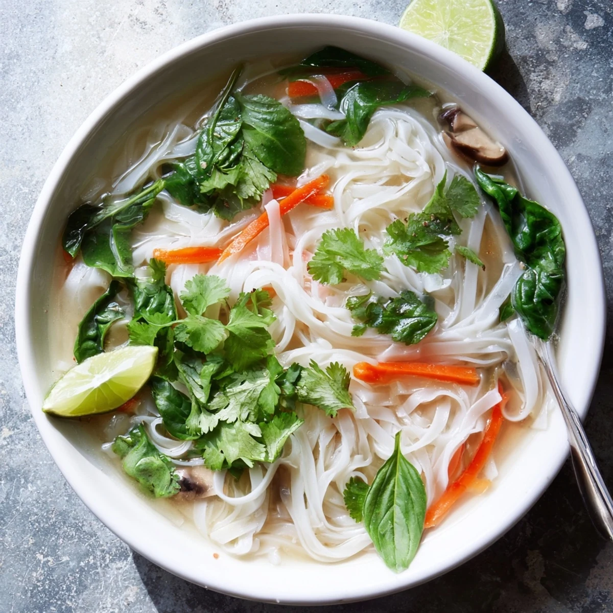 Vegan gluten-free soup featuring tender rice noodles in aromatic ginger garlic broth with spinach and shiitake mushrooms