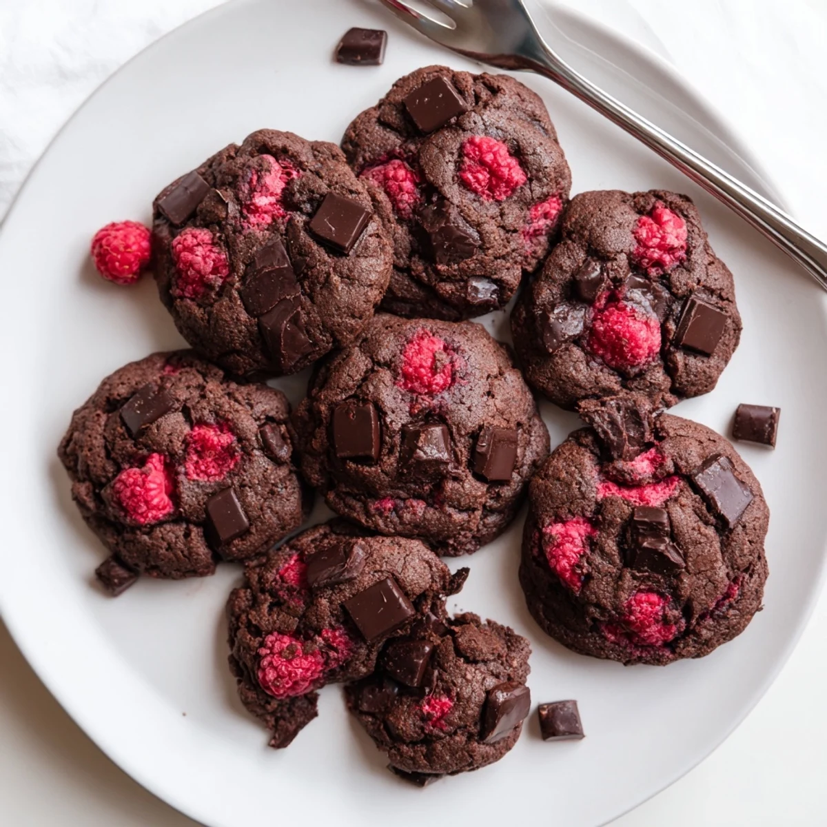 Homemade dark chocolate raspberry cookies cooling on wire rack with golden crisp edges