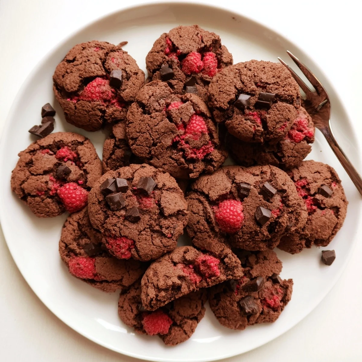 Chewy dark chocolate raspberry cookies studded with melty chunks and fresh tart berries
