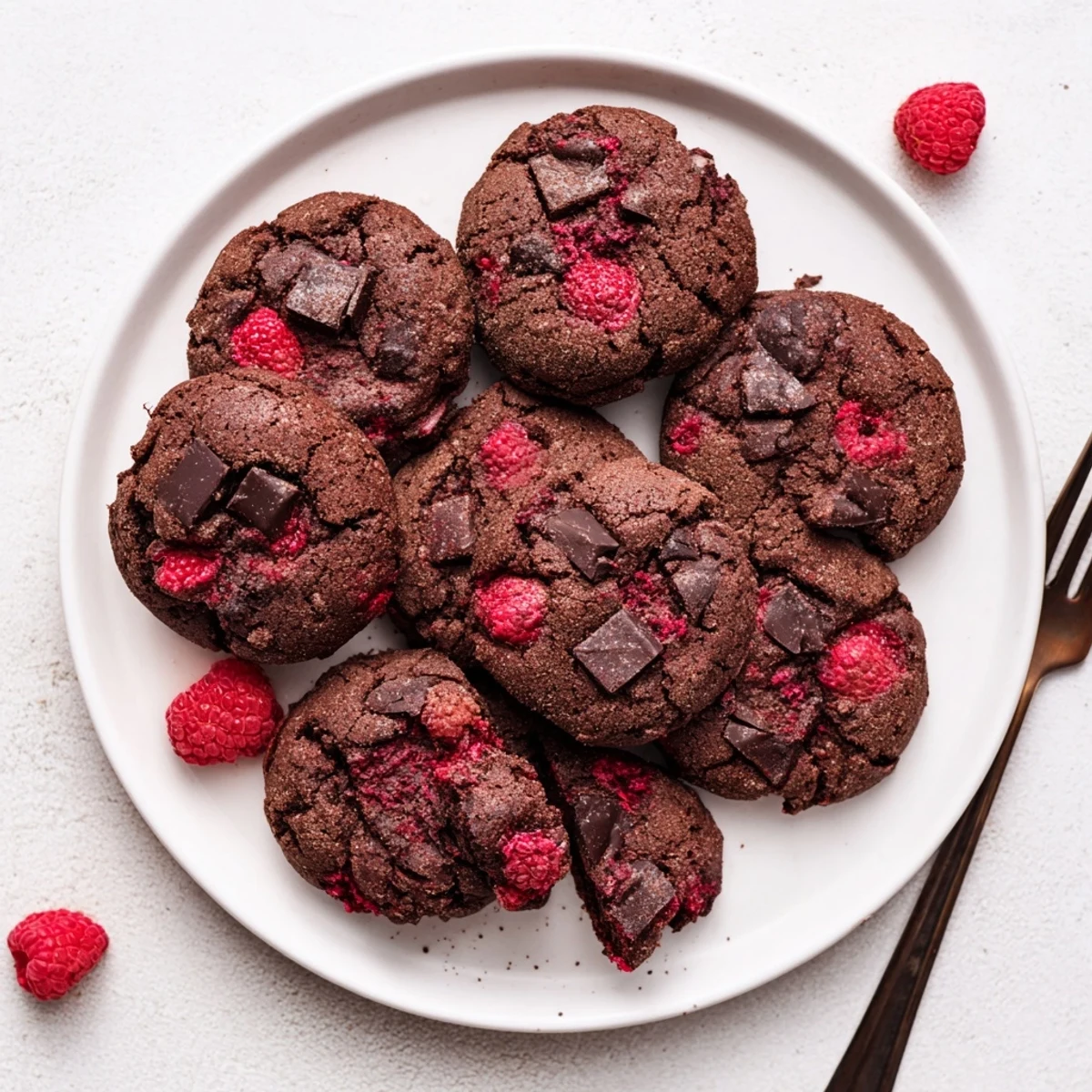 Batch of rich dark chocolate raspberry cookies with pockets of tangy red fruit