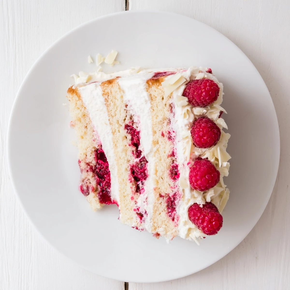 Slice of white chocolate raspberry cream cake showing fluffy layers with sweet fruit filling and whipped cream frosting