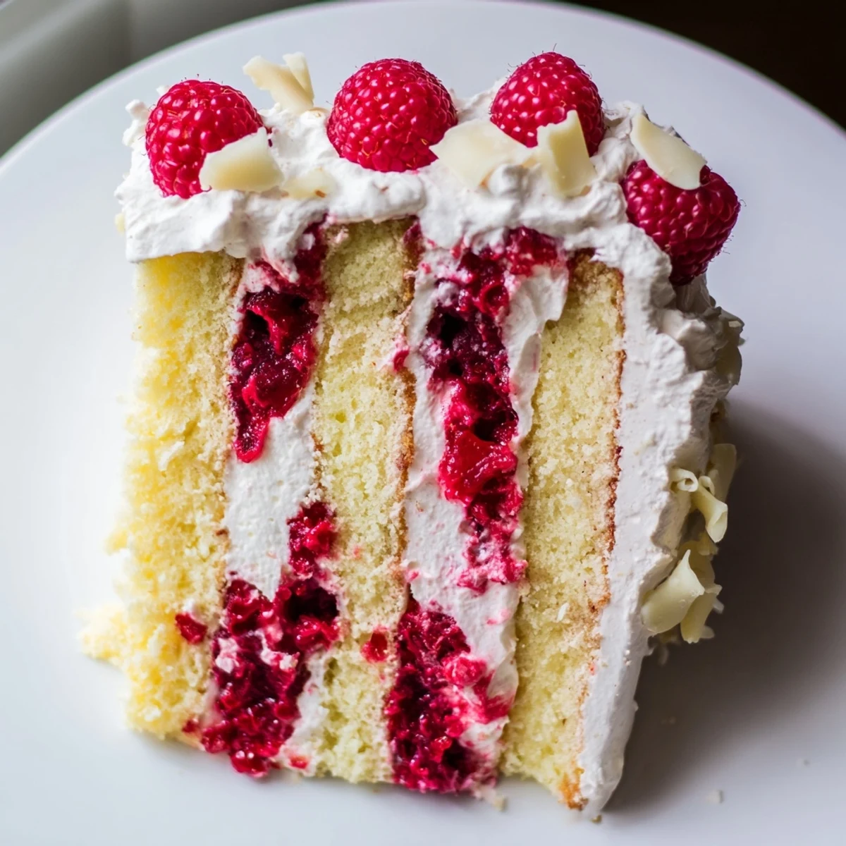Elegant white chocolate raspberry cream cake topped with fresh raspberries and generous whipped cream swirls