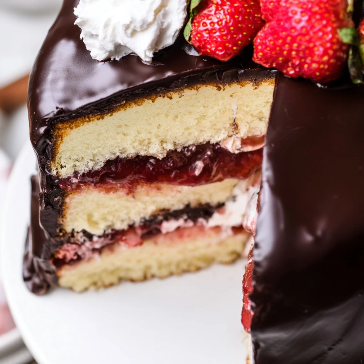 Layered strawberry chocolate shell cake with glossy dark chocolate topping and fresh strawberry garnish