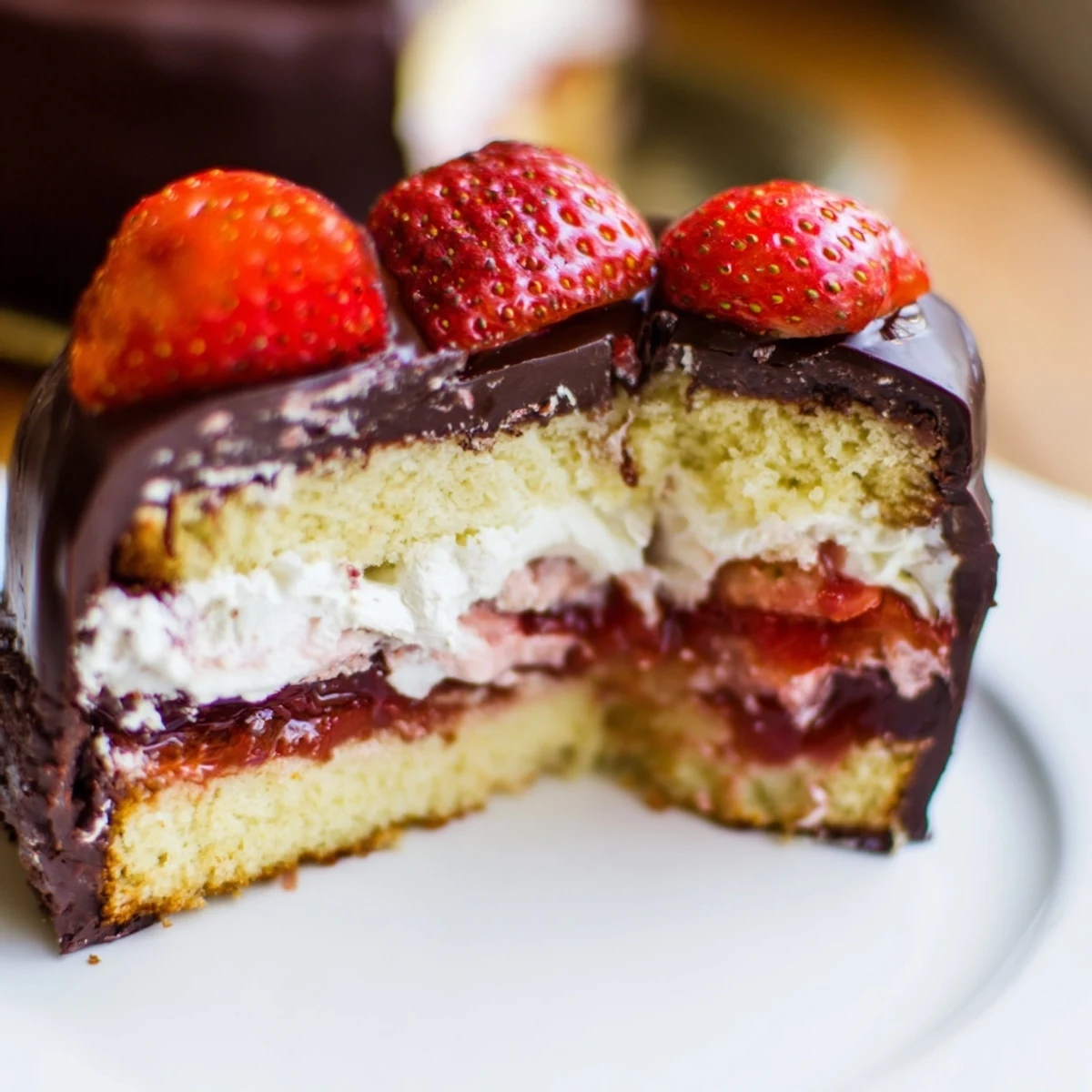 Decadent strawberry chocolate shell cake showcasing crackling chocolate coating over fluffy vanilla sponge layers