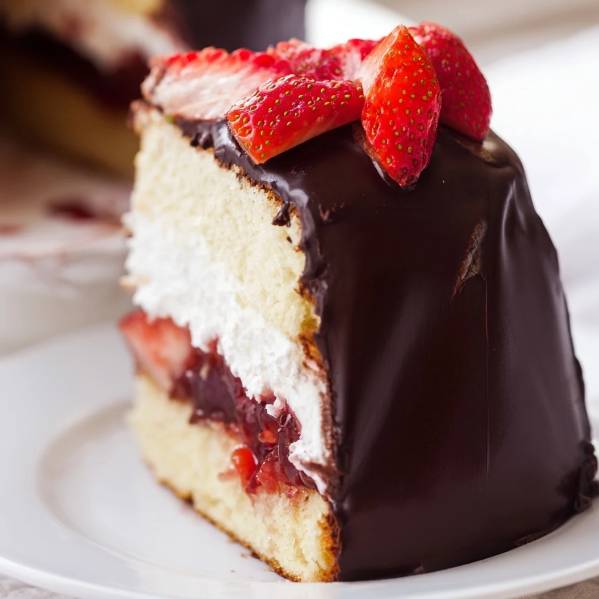 Elegant strawberry chocolate shell cake dessert with whipped cream filling and mirrored chocolate glaze