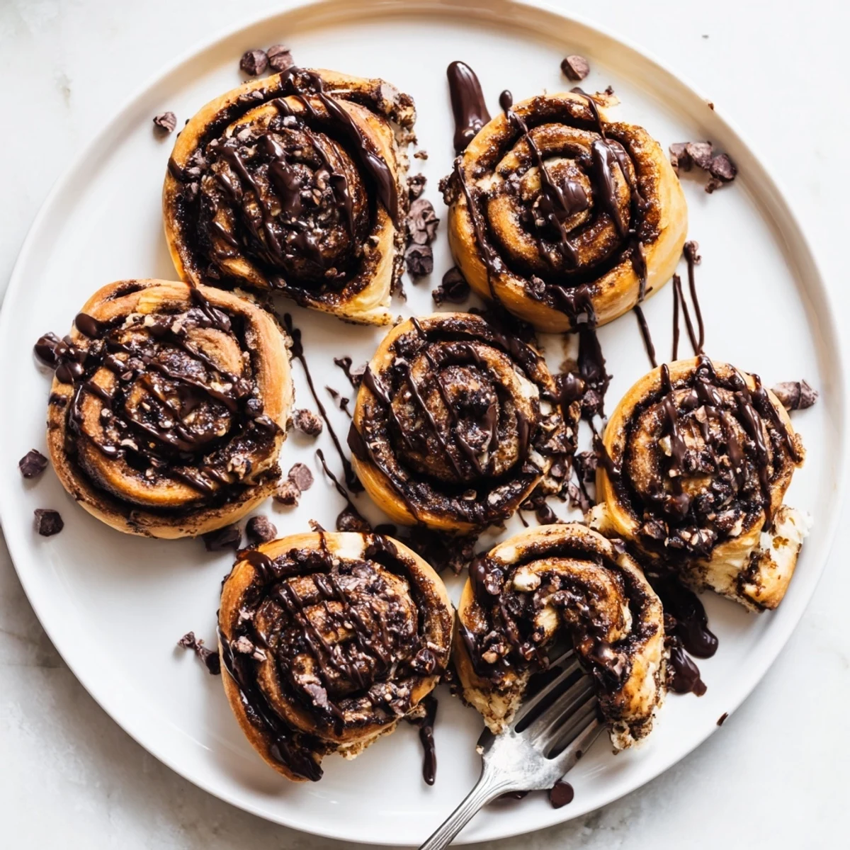 Freshly baked double chocolate cinnamon rolls with glossy chocolate glaze drizzled over warm spiraled dough