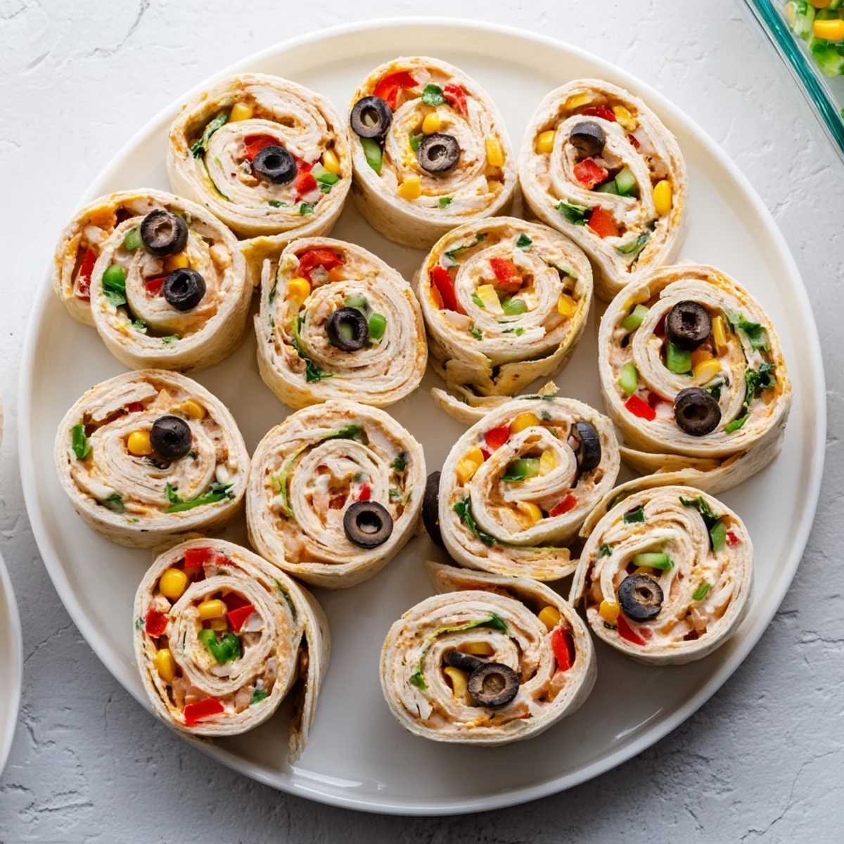 Taco cream cheese pinwheels arranged on a white serving platter with colorful diced vegetables visible