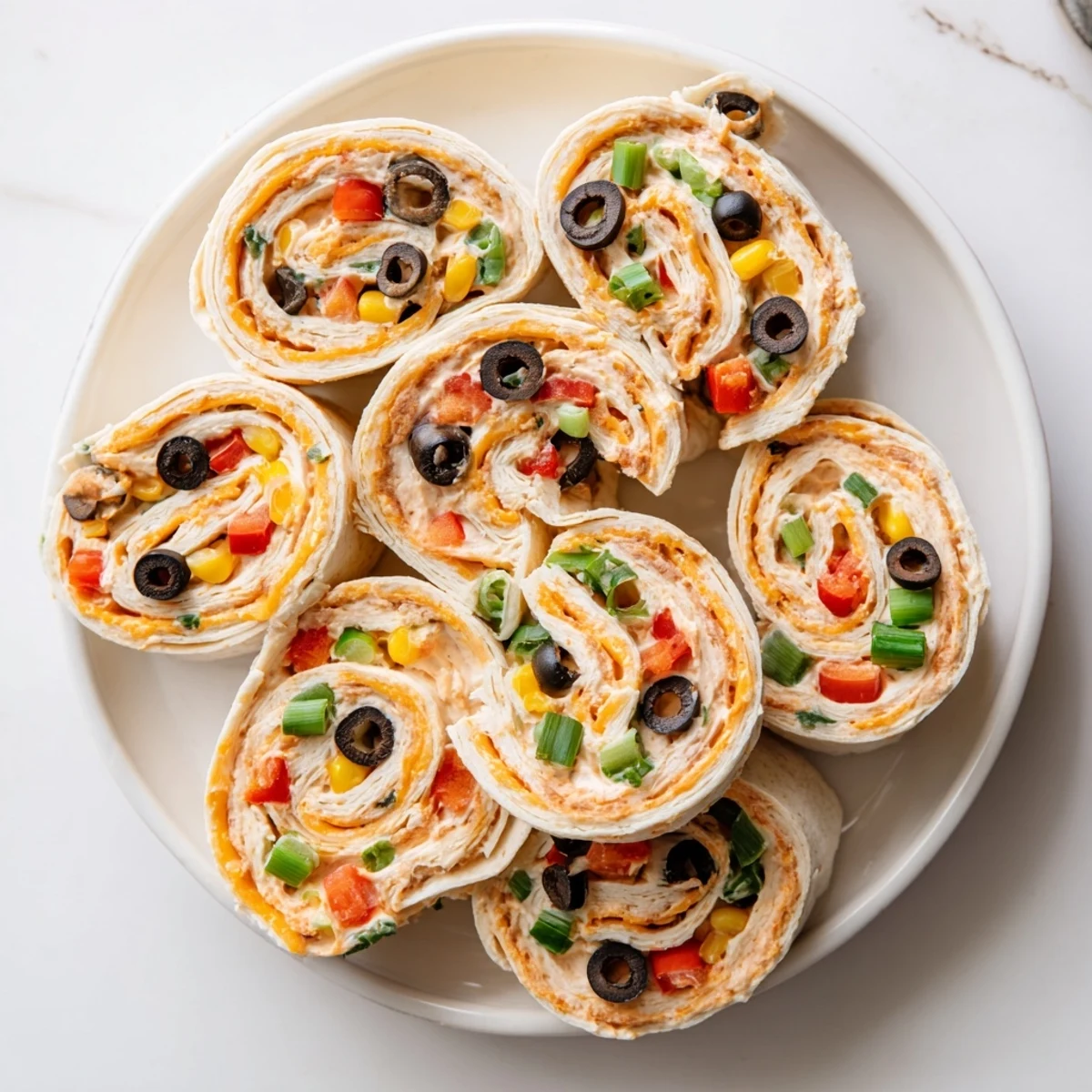 Taco cream cheese pinwheels appetizer plated for party serving with fresh vegetable filling showing through swirls
