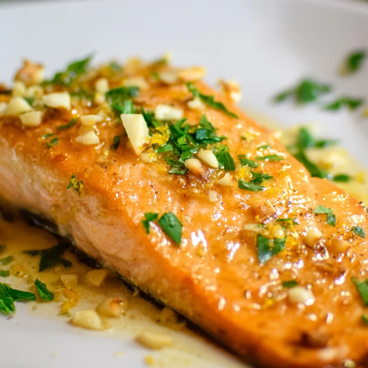 Golden pan seared salmon fillets drizzled with melted garlic butter sauce and fresh parsley
