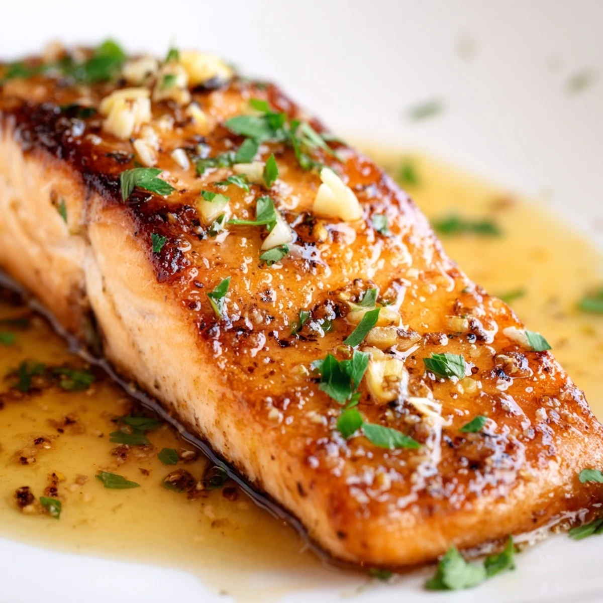 Crispy skin salmon with garlic butter glaze served on a white plate with lemon wedges