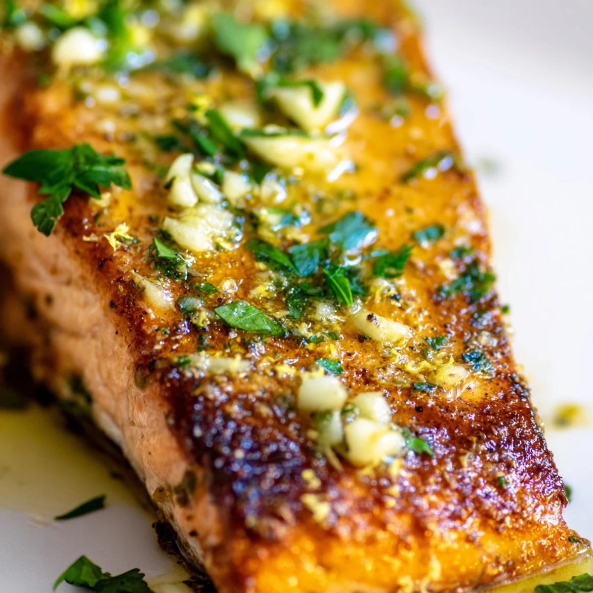 Perfectly cooked salmon in rich garlic butter sauce topped with chopped herbs and lemon zest