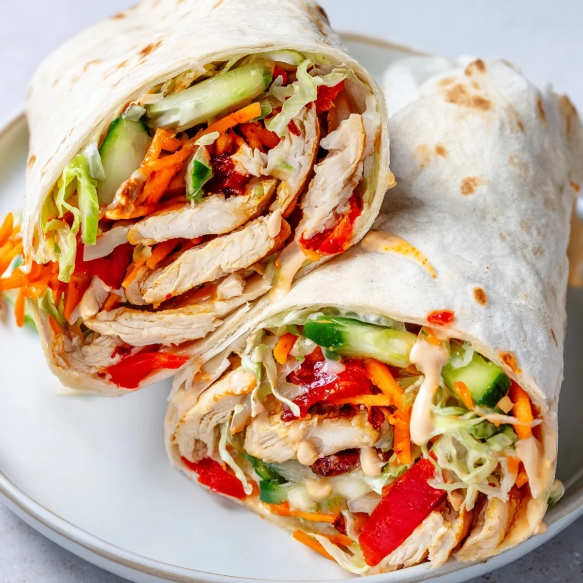 Golden chicken strips wrapped in flour tortillas with crisp vegetables and sweet chili sauce