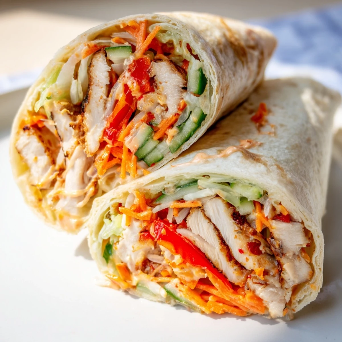 Handheld sweet chili chicken wraps featuring colorful julienned veggies and glossy sauce coating