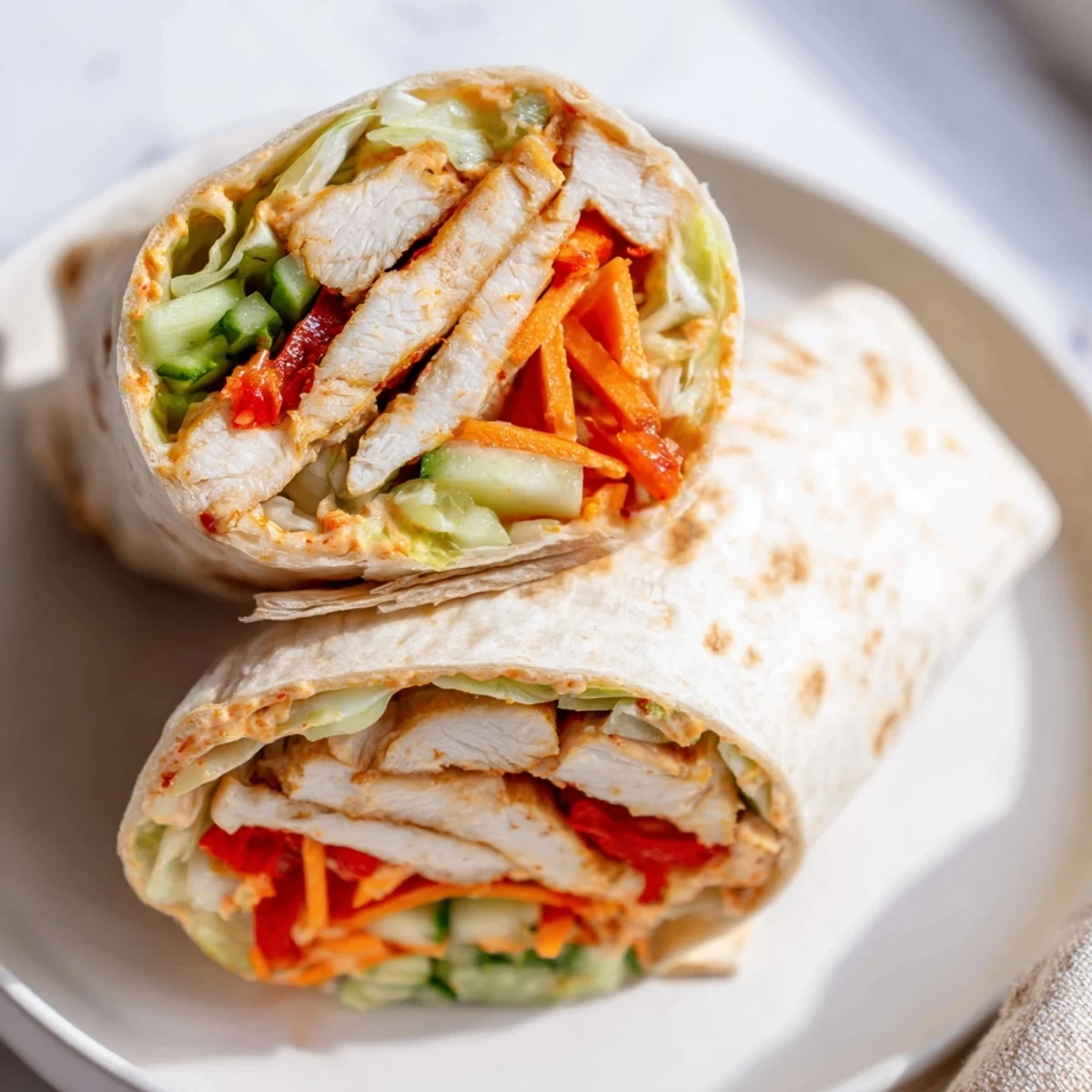 Flour tortilla rolled around seasoned chicken strips, crunchy vegetables, and tangy sweet chili glaze
