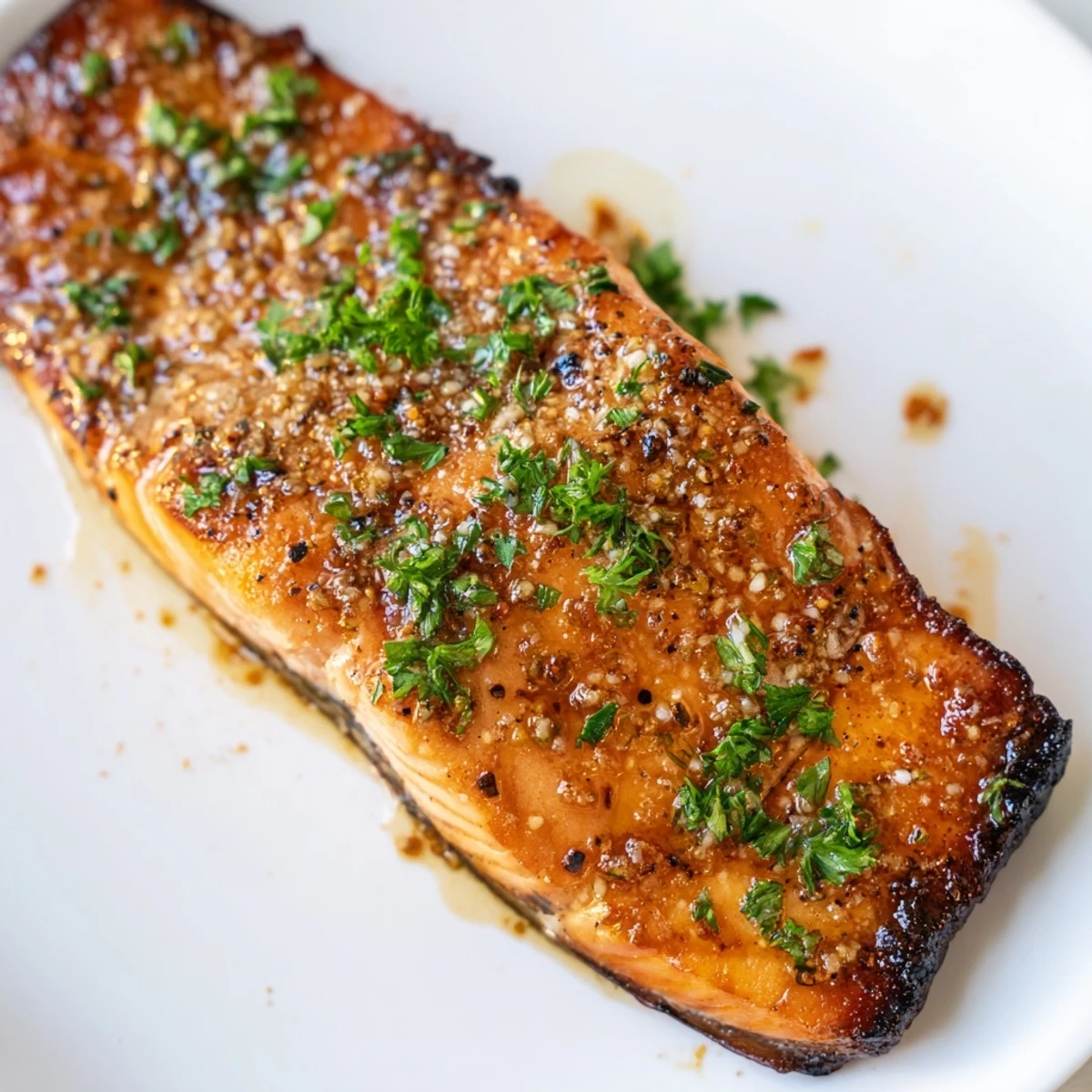 Golden brown baked salmon fillets glazed with buttery lemon-pepper sauce and garnished with fresh parsley