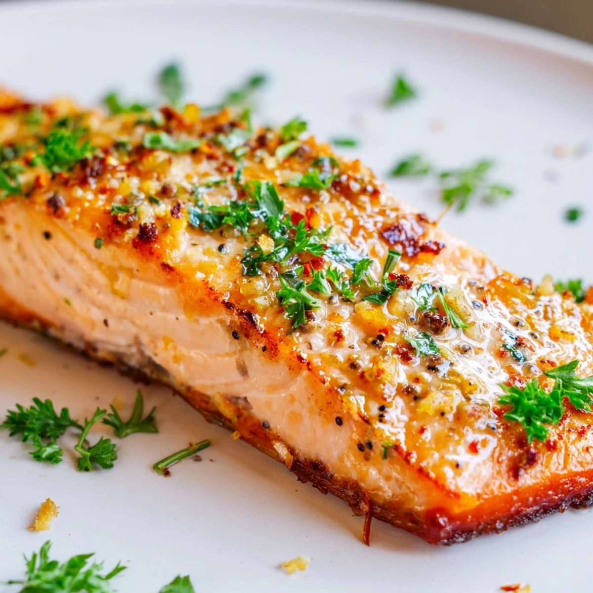 Flaky Texas Roadhouse Style Baked Salmon with caramelized edges served on a white plate with lemon wedges