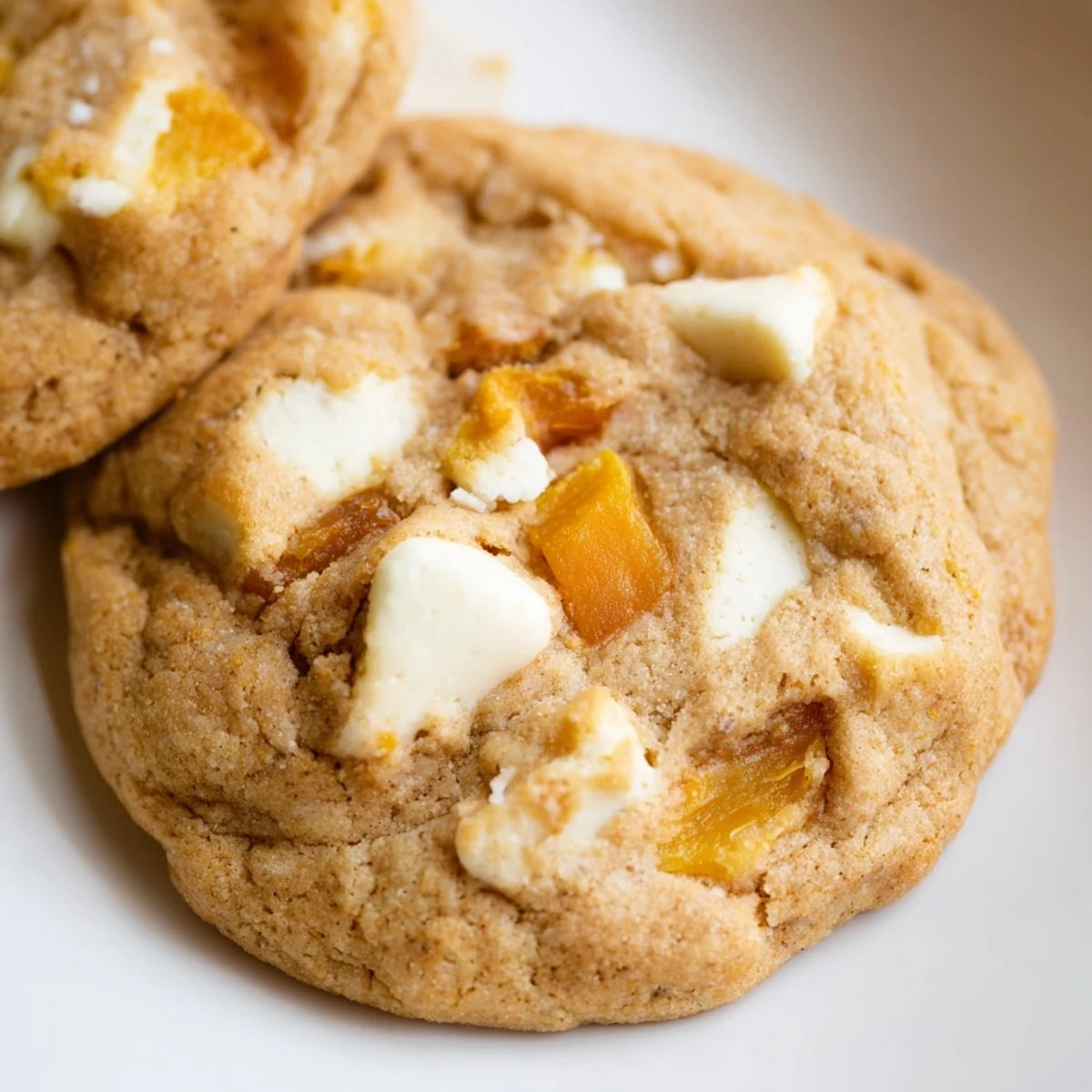 Golden Peaches and Cream Cookies studded with fresh peach chunks and melting white chocolate chips on a wire cooling rack.