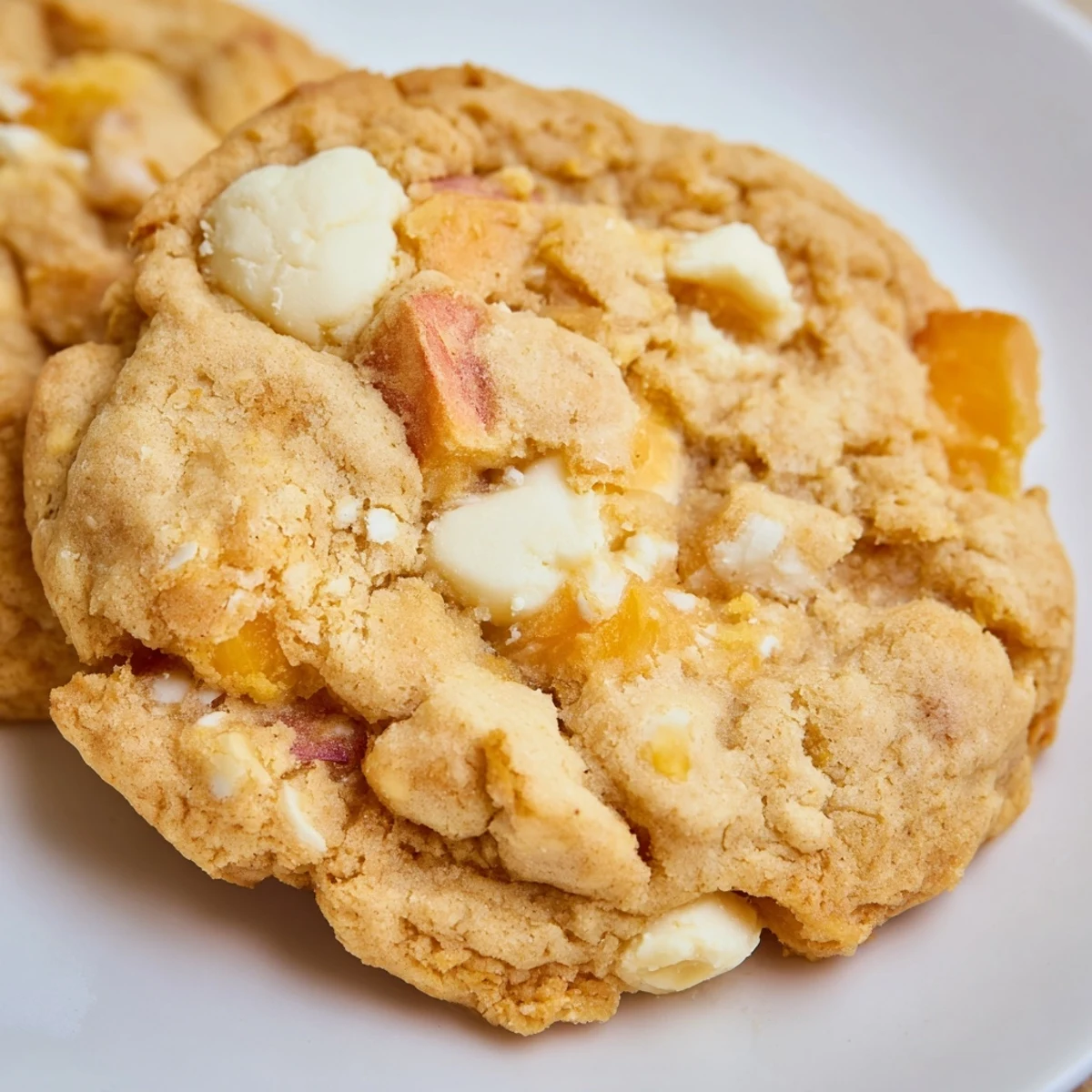 Soft homemade Peaches and Cream Cookies with juicy diced peaches and creamy white chocolate on a parchment-lined baking sheet.