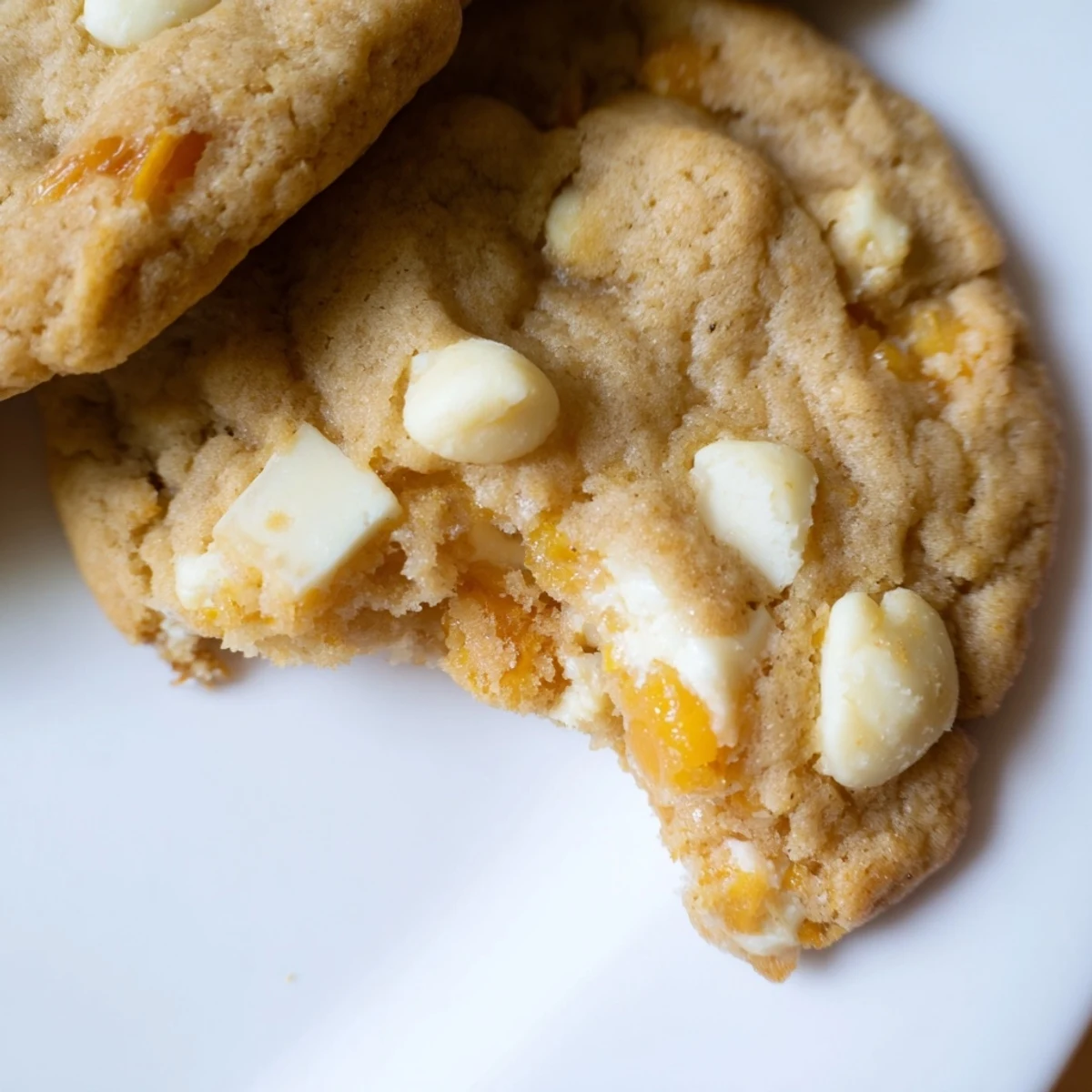 Baked Peaches and Cream Cookies showing golden edges with peach pieces and white chocolate chunks visible throughout the chewy texture.
