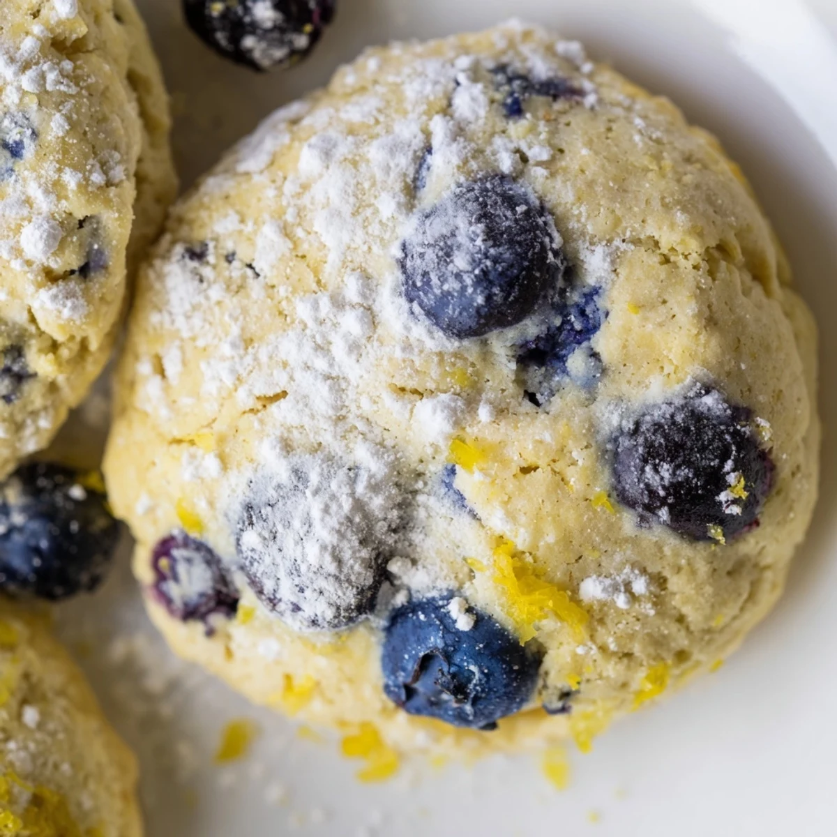 Soft lemon blueberry cookies piled on a wire rack with powdered sugar dusting