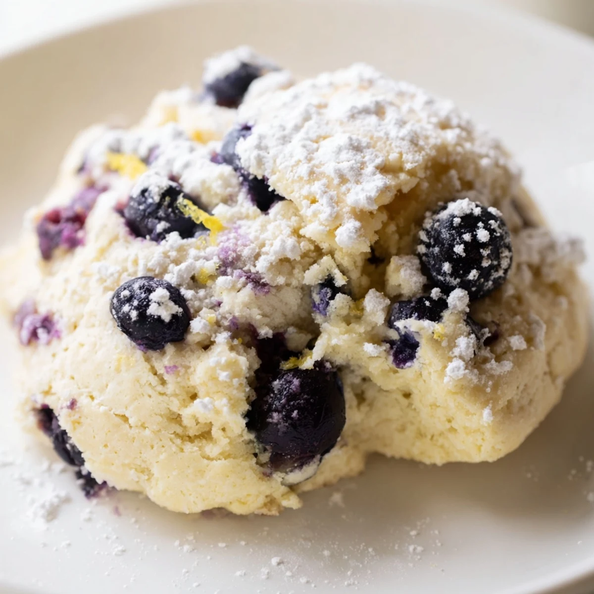 Tender cake-like soft lemon blueberry cookies studded with fresh berries on a white plate