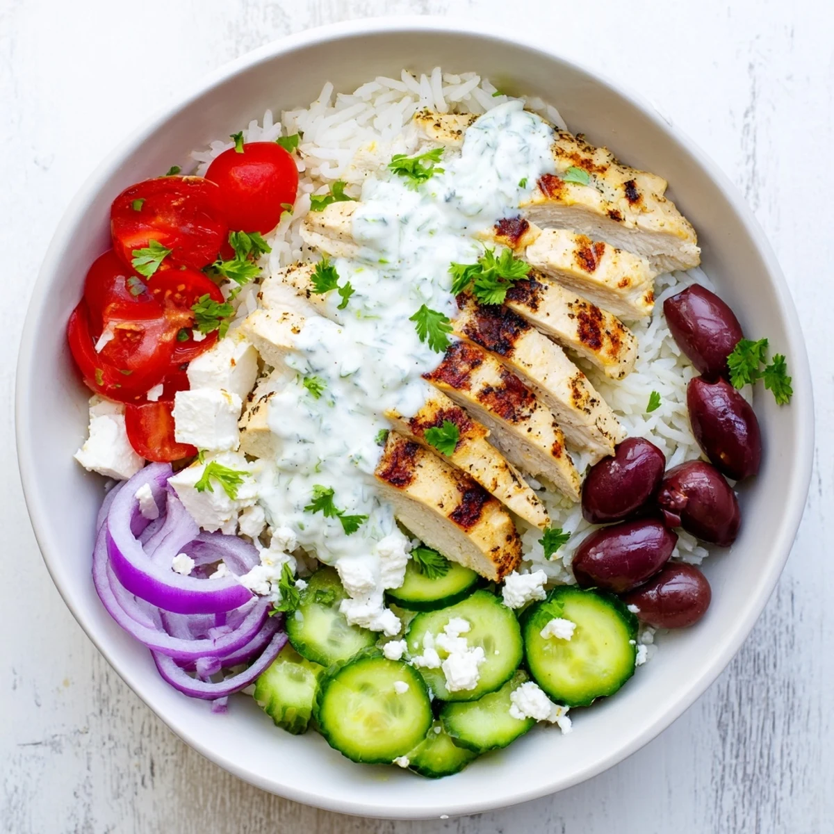 Golden grilled Greek chicken bowls over fluffy rice topped with fresh tomatoes cucumber and crumbled feta
