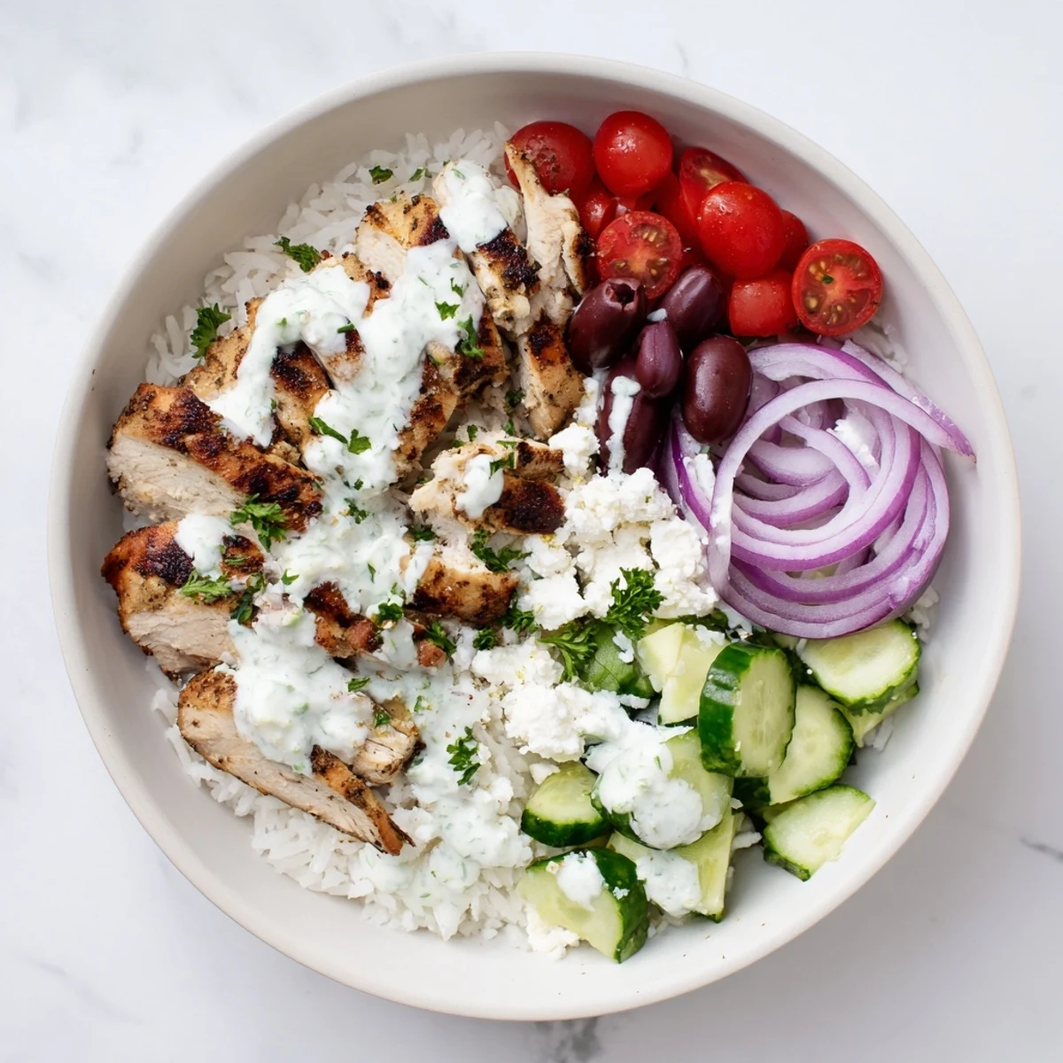 Complete Greek chicken bowls arranged with marinated chicken rice olives and tangy feta cheese garnish