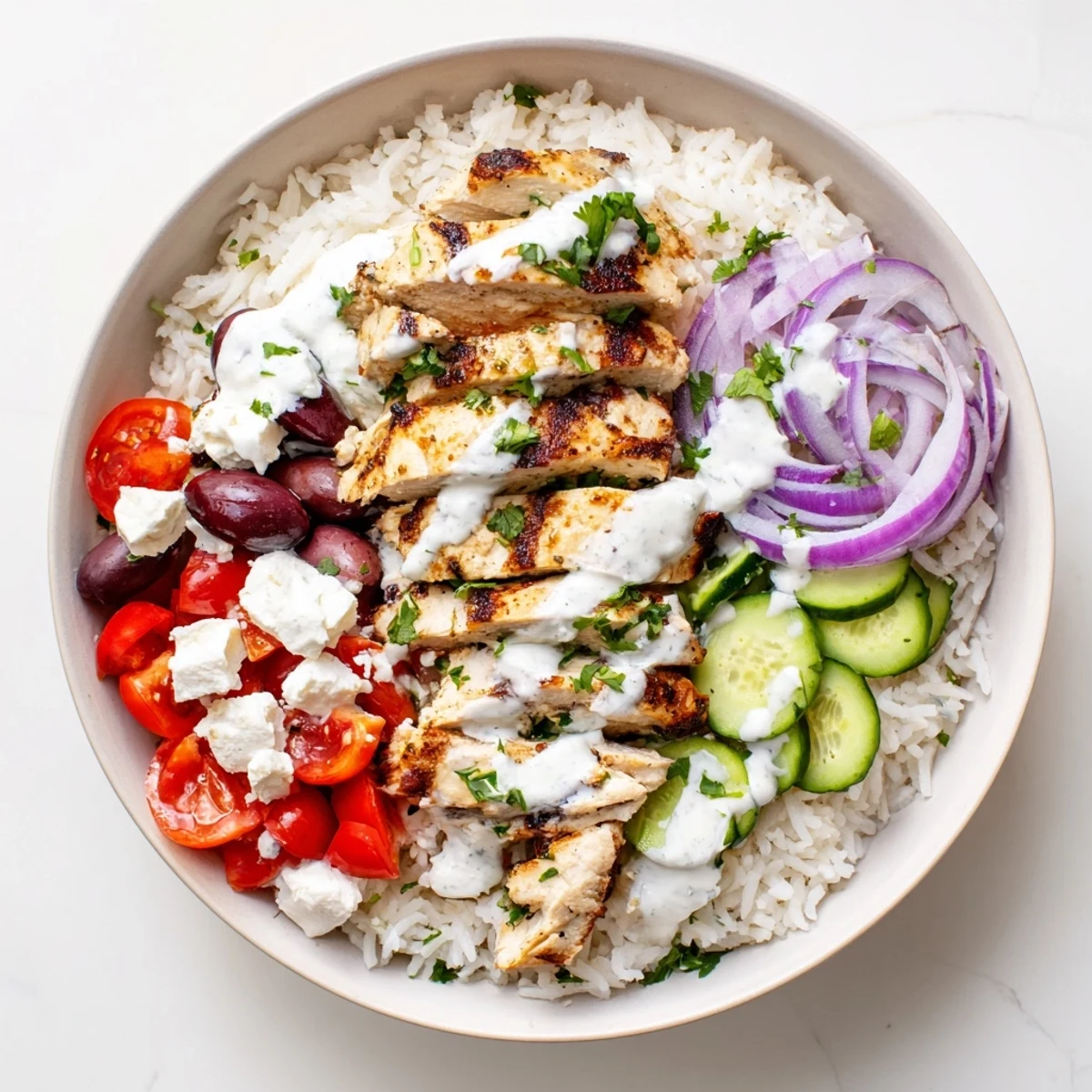 Mediterranean-style Greek chicken bowls featuring tender sliced chicken with colorful vegetables and creamy yogurt drizzle