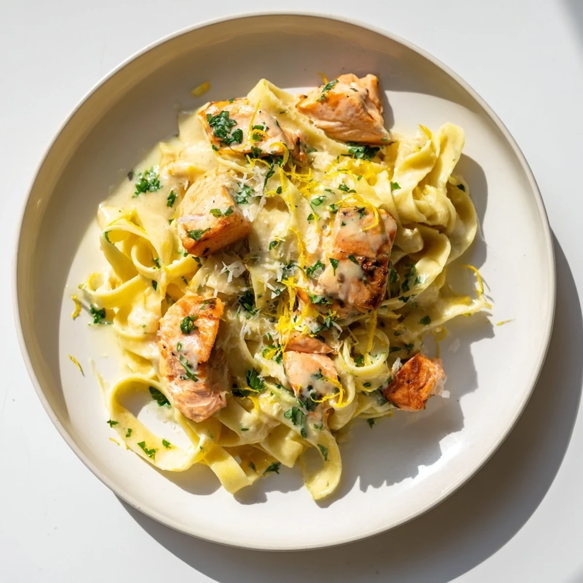 Steaming plate of creamy garlic butter salmon fettuccine garnished with fresh parsley and lemon wedges